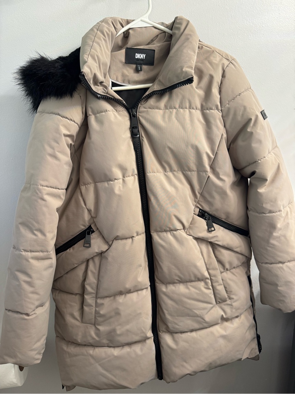 DKNY Taupe Beige Puffer Coat with Black Faux Fur Trim